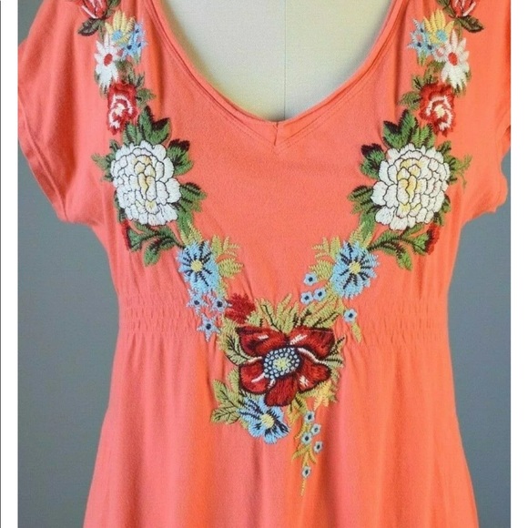 Johnny Was orange v-neck embroidered tunic dress - Picture 2 of 5